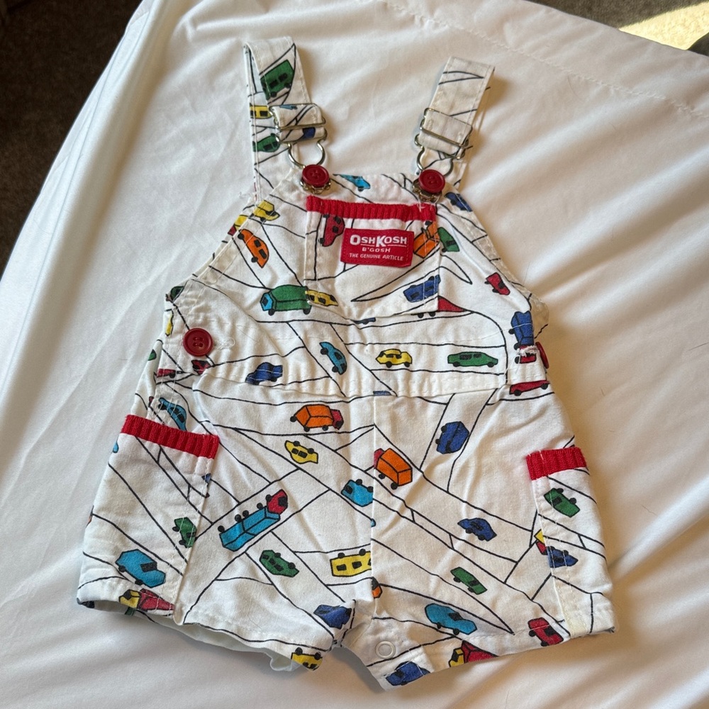 OshKosh B'gosh White shortalls with 80s Car Print